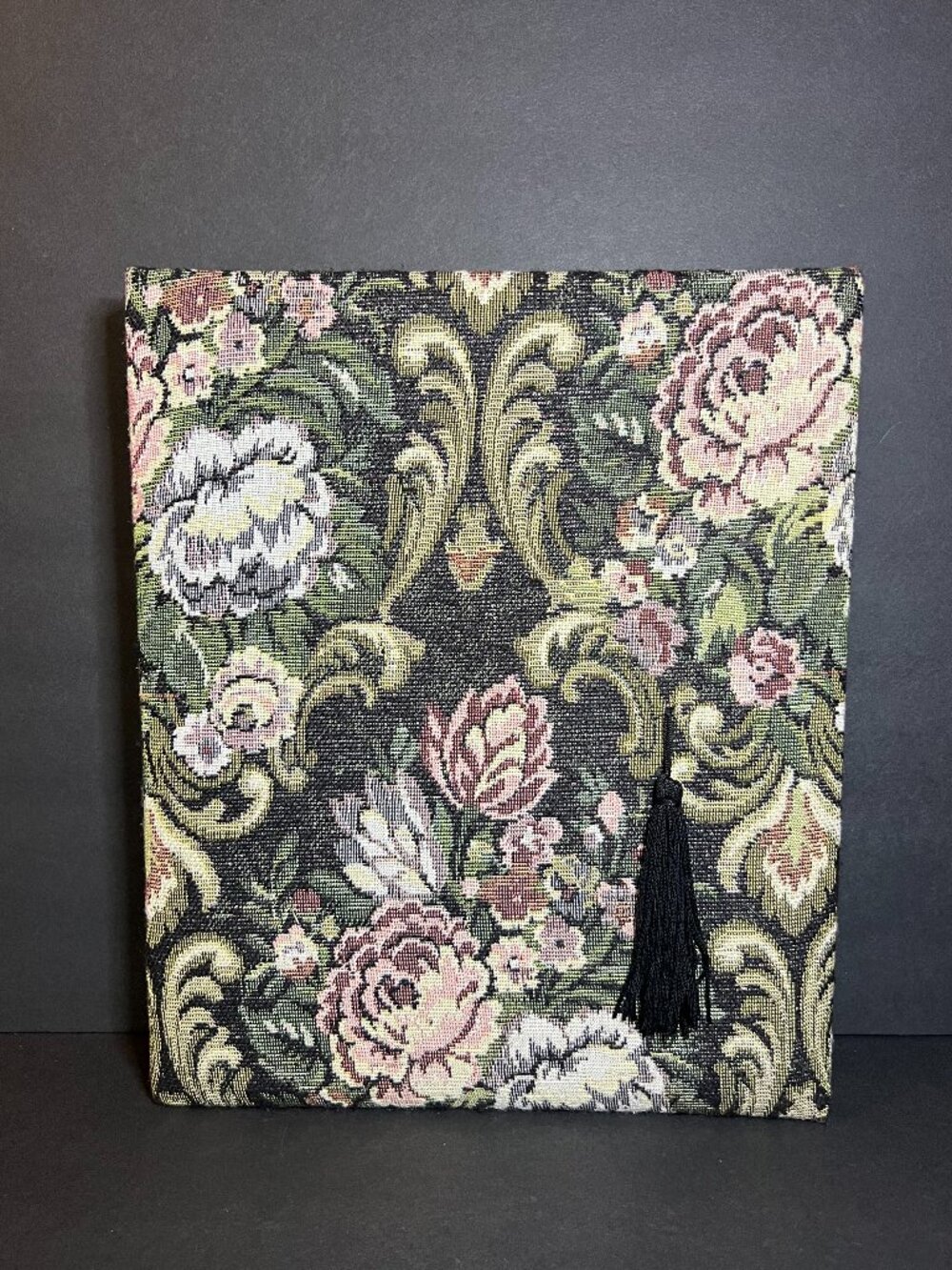 Vintage Floral Tapestry Fabric Hinged Lid Storage Box w/ Black Tassel 12 x 10"